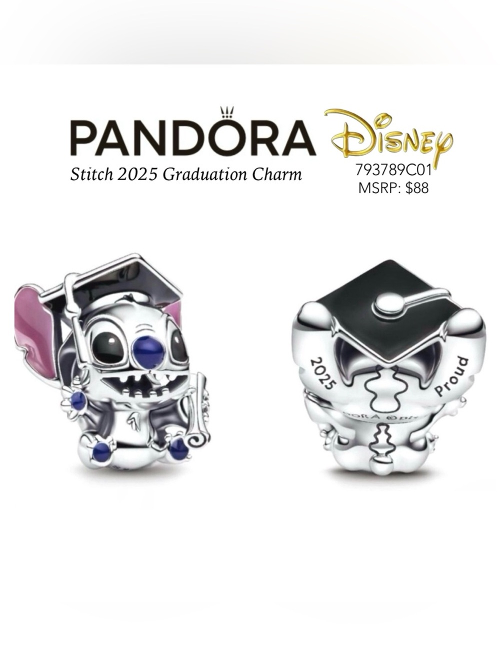 PANDORA Disney Stitch Graduation 2025 Charm w/box